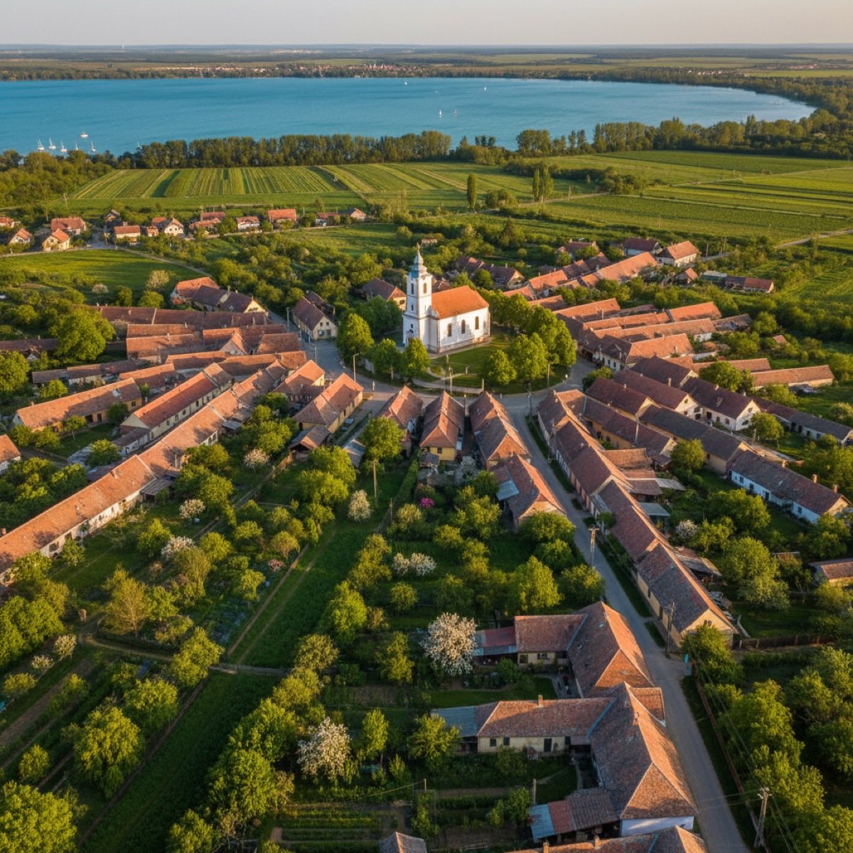 Magyar település légi felvétel a Balaton közelében