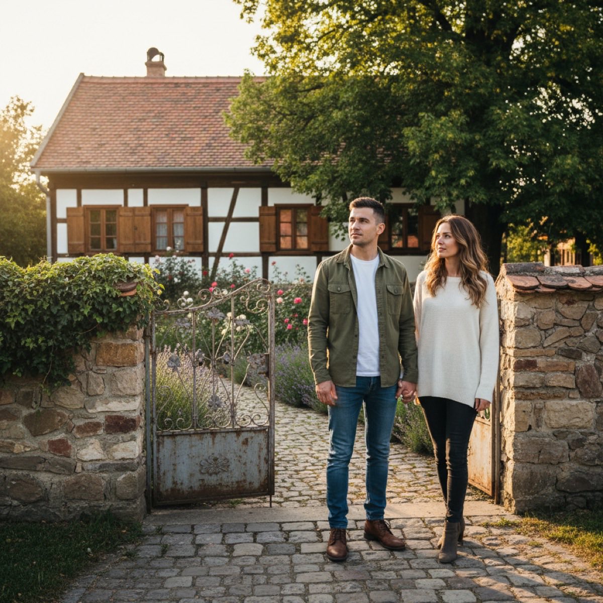 Fiatal pár magyar családi ház előtt - ingatlanvásárlás külföldről