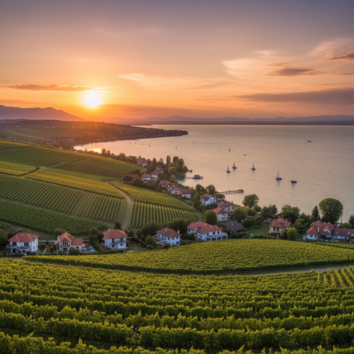 Balaton panoráma nyaralókkal és vitorlásokkal